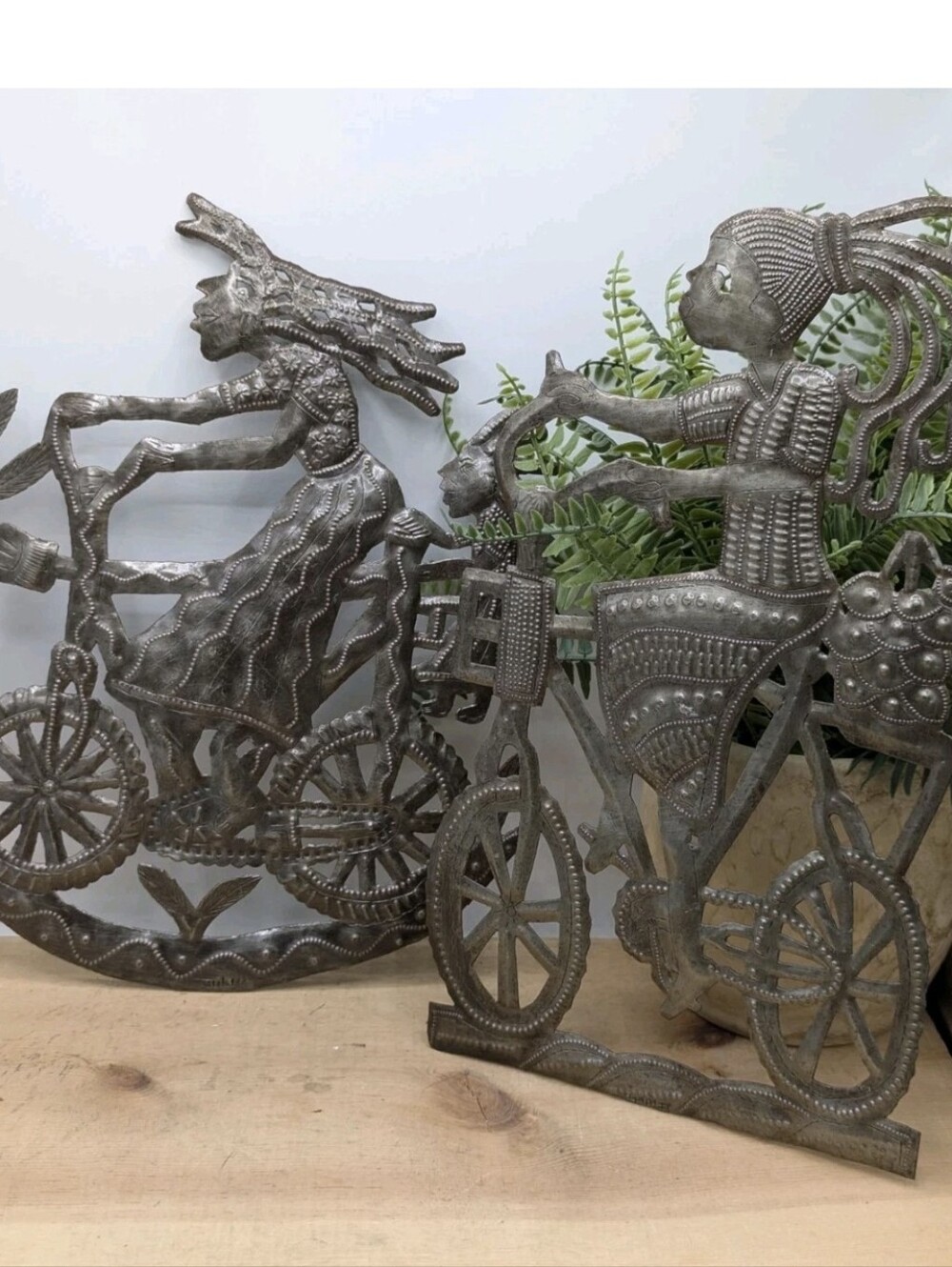 Haitian Recycled Steel Mom And Daughter On A Bike + Girl Shopping On A Bike